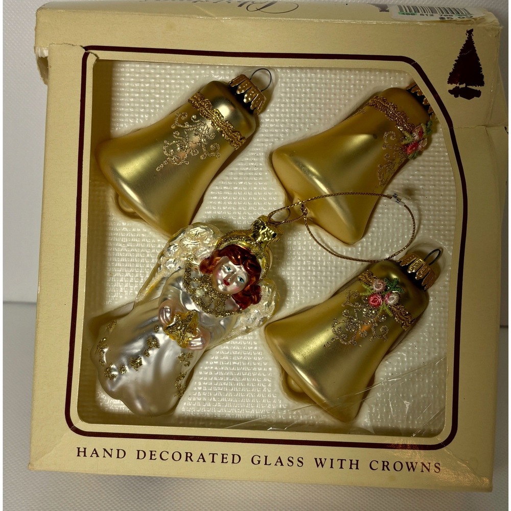 Vintage Christmas by Krebs Glass Ornaments Angel Gold Bells Hand Decorated Set